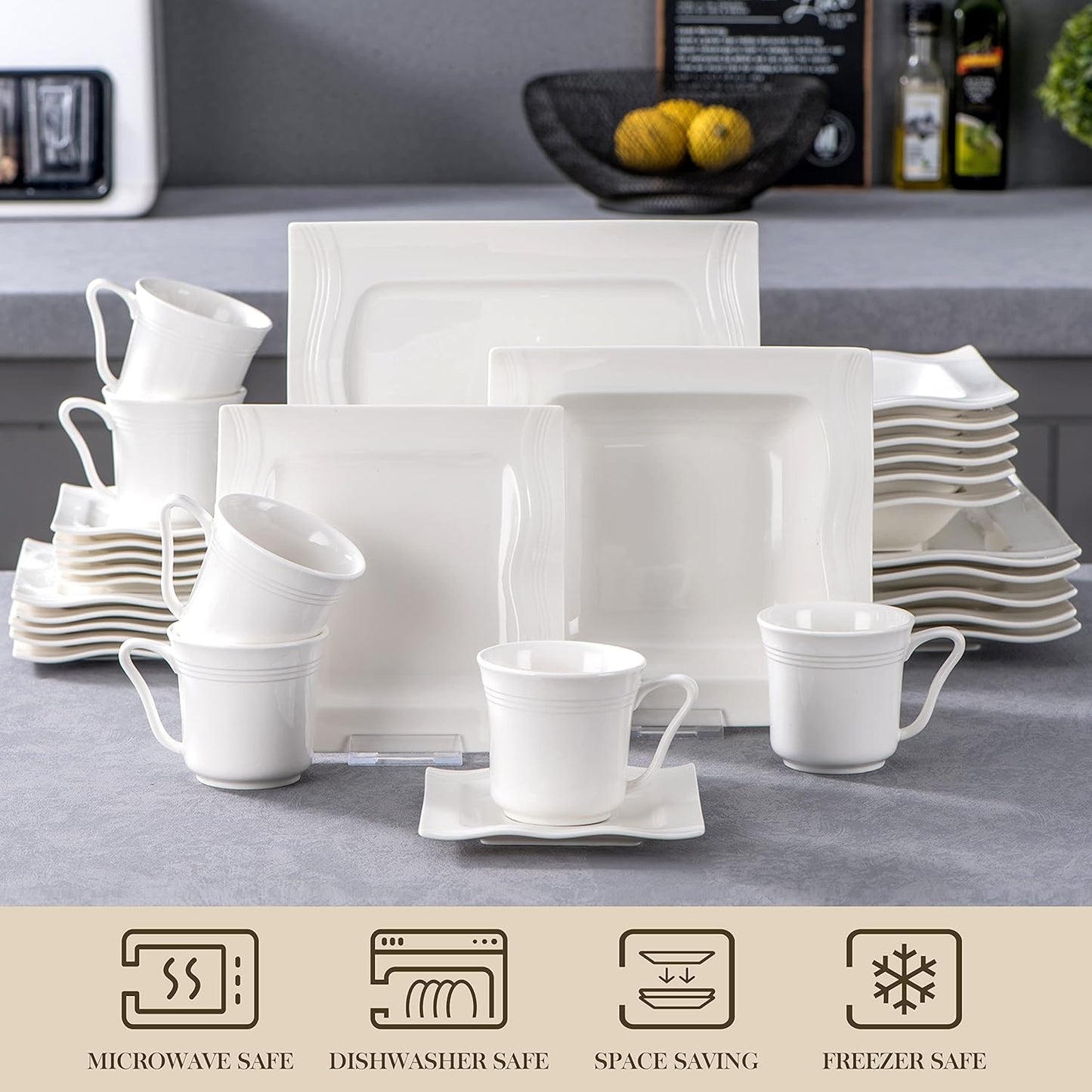 MALACASA 30 Pieces Dinnerware Sets, Modern Ivory White Plates and Bowls Sets for 6, Porcelain Dish