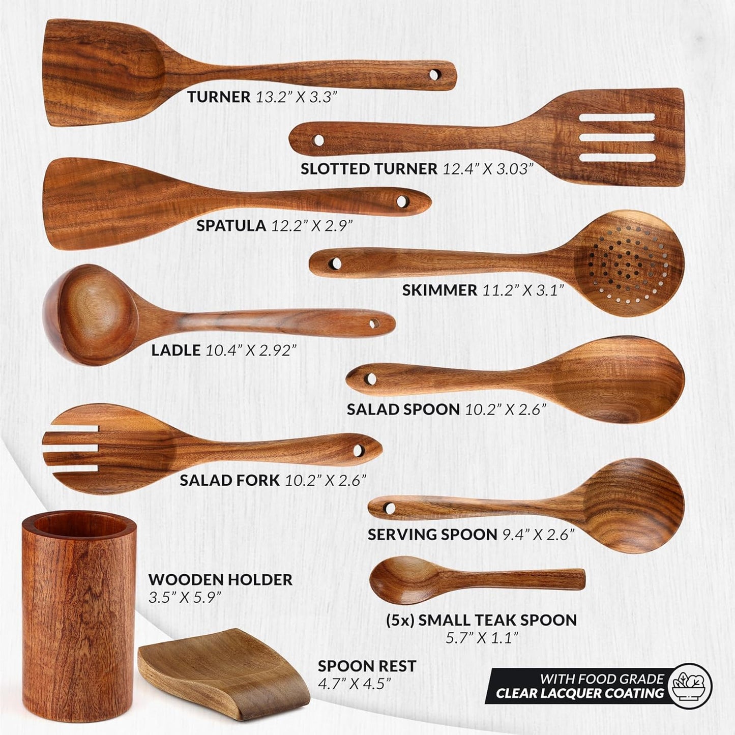 Zulay Kitchen 15-Piece Teak Wooden Utensils for Cooking - Natural Teak Utensil Set with Premium