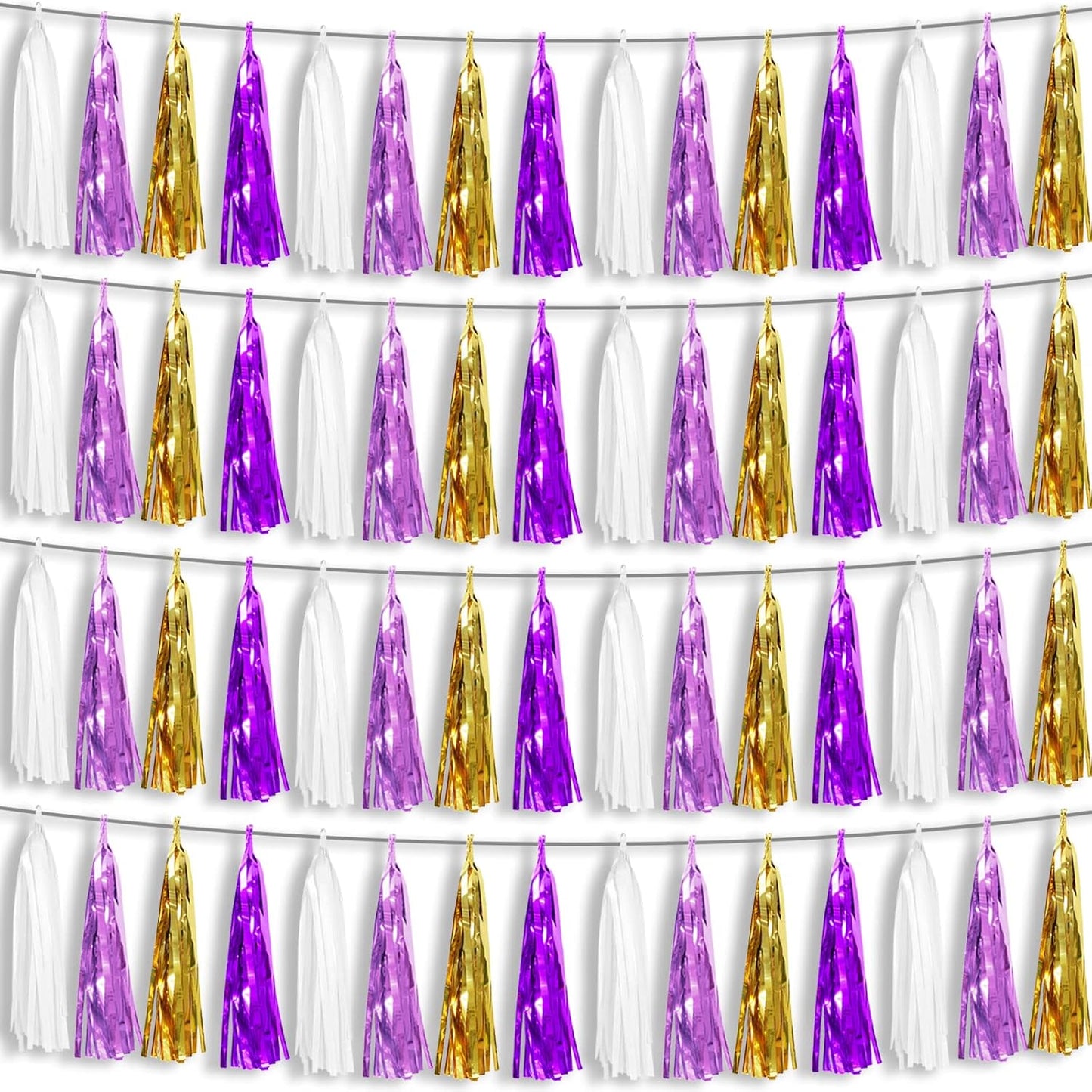 4P Purple-Gold Foil Fringe Metallic Tassel Garland, Tassels Banner Streamers for Parade Floats