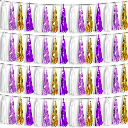 4P Purple-Gold Foil Fringe Metallic Tassel Garland, Tassels Banner Streamers for Parade Floats