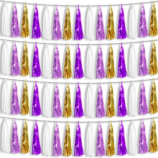 4P Purple-Gold Foil Fringe Metallic Tassel Garland, Tassels Banner Streamers for Parade Floats