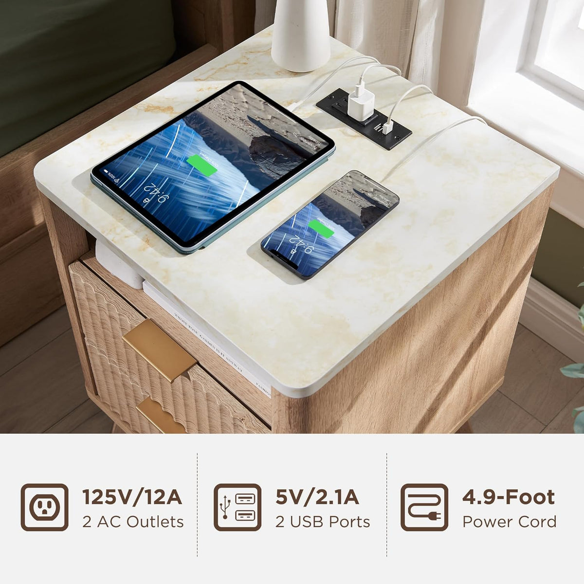 T4TREAM Fluted Nightstand with Charging Station, 18" Modern Side Table with Faux Marble Top, 2