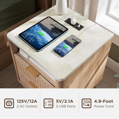 T4TREAM Fluted Nightstand Set of 2 with Charging Station, 18" Modern Side Table with Faux Marble