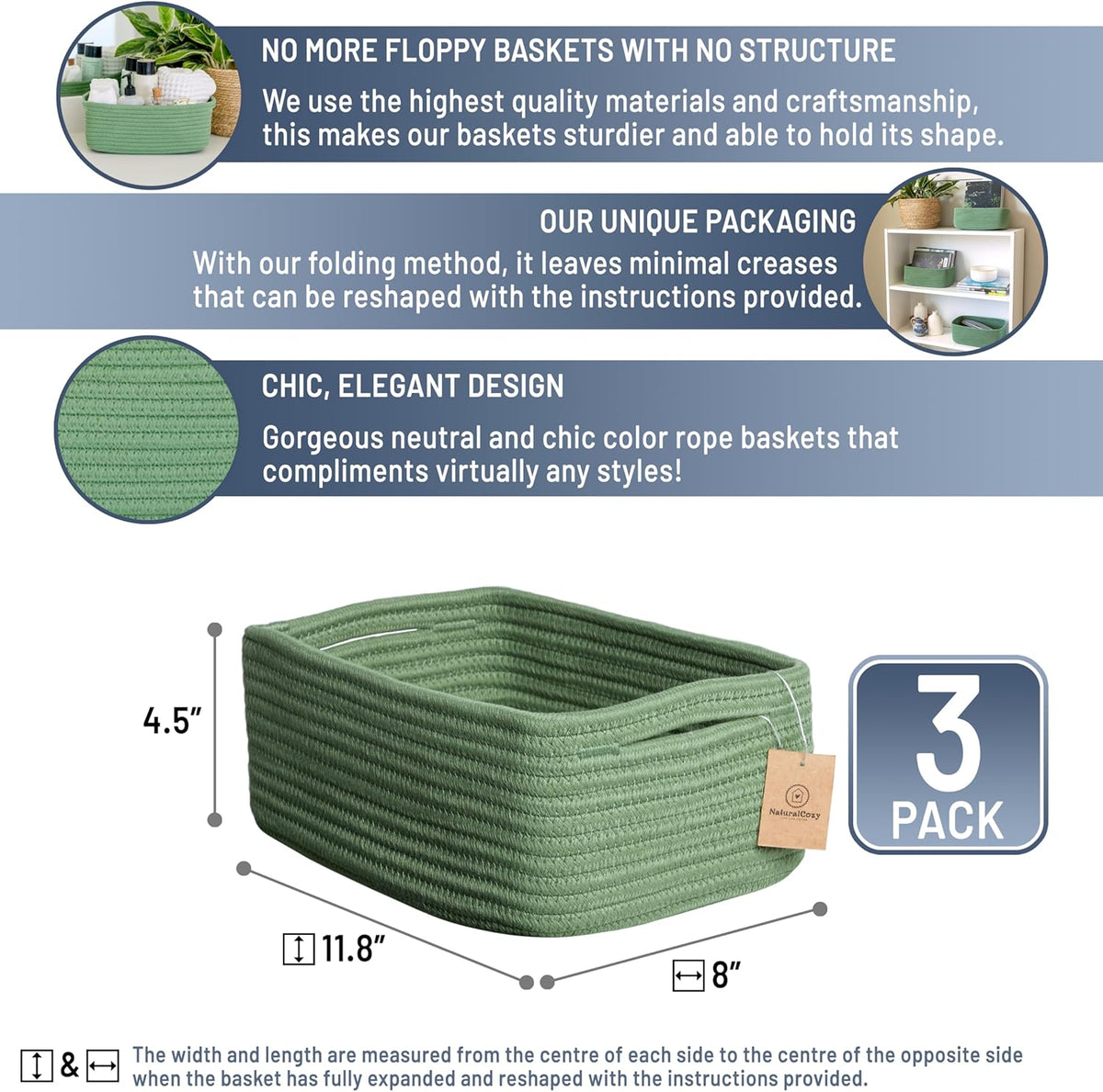 NaturalCozy 11.8"x8"x4.5” Rectangle Storage Baskets for Shelves 3 Pack | Cotton Rope Woven Small