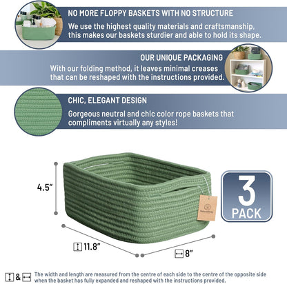 NaturalCozy 11.8"x8"x4.5” Rectangle Storage Baskets for Shelves 3 Pack | Cotton Rope Woven Small