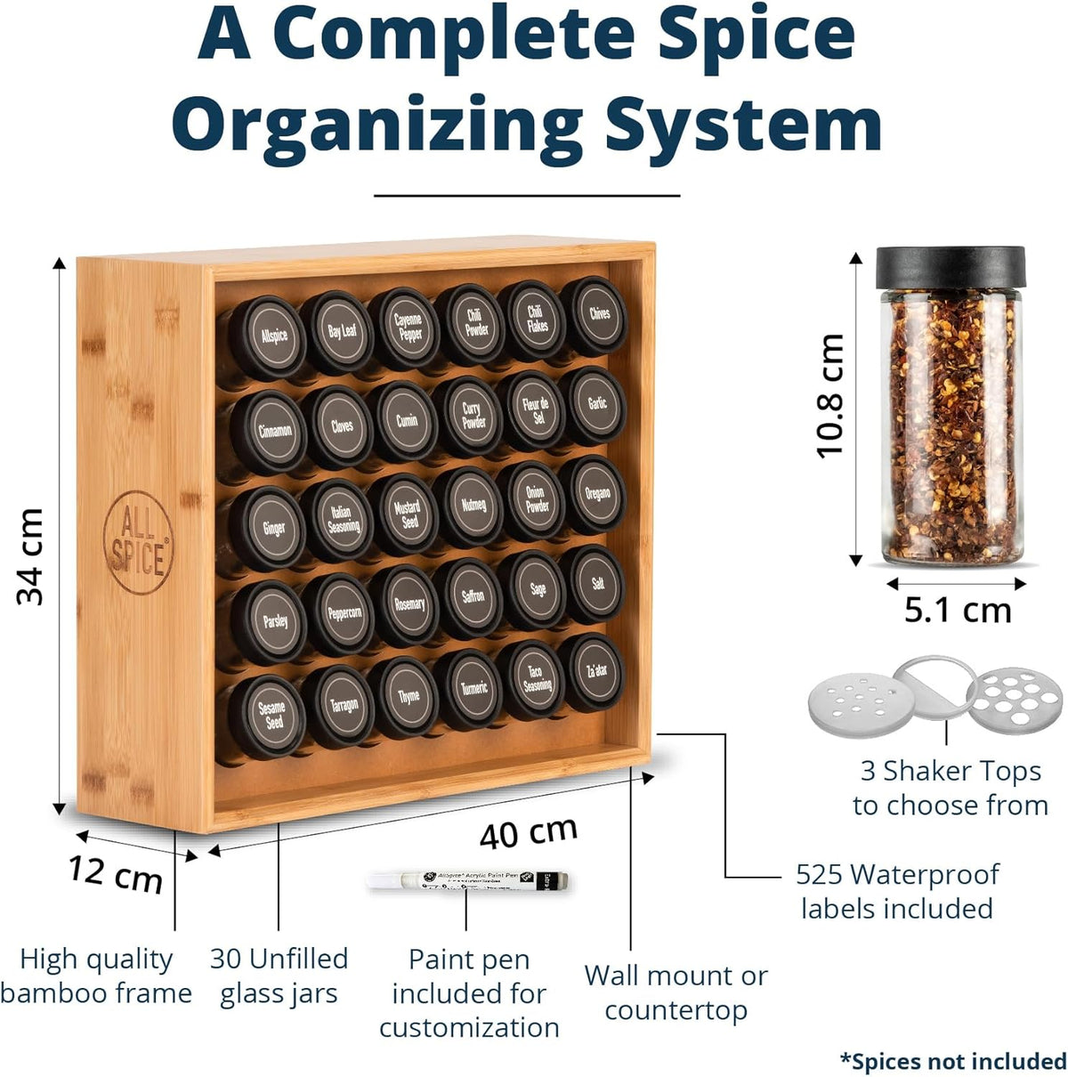 AllSpice Spice Rack Organizer, Wood, 525 Unique Labels, Countertop or Wall Mount, Includes 30 4oz