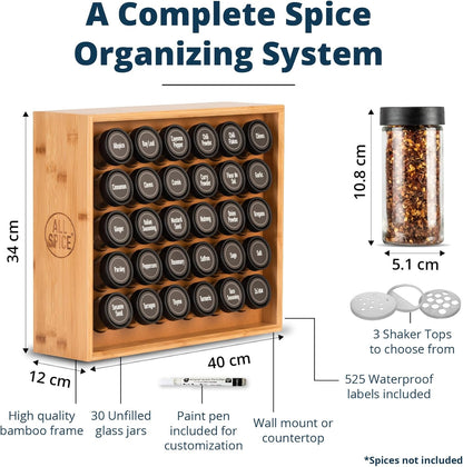 AllSpice Spice Rack Organizer, Wood, 525 Unique Labels, Countertop or Wall Mount, Includes 30 4oz
