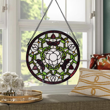 Handcrafted Stained Glass Window Panel - 12-Inch Round Floral Design with Vibrant Colors, Elegant