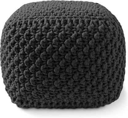 Casafield Square Pouf Ottoman, Black - 18.5" W x 18.5" D x 14.5" H Cotton Knit Foot Stool - Boho