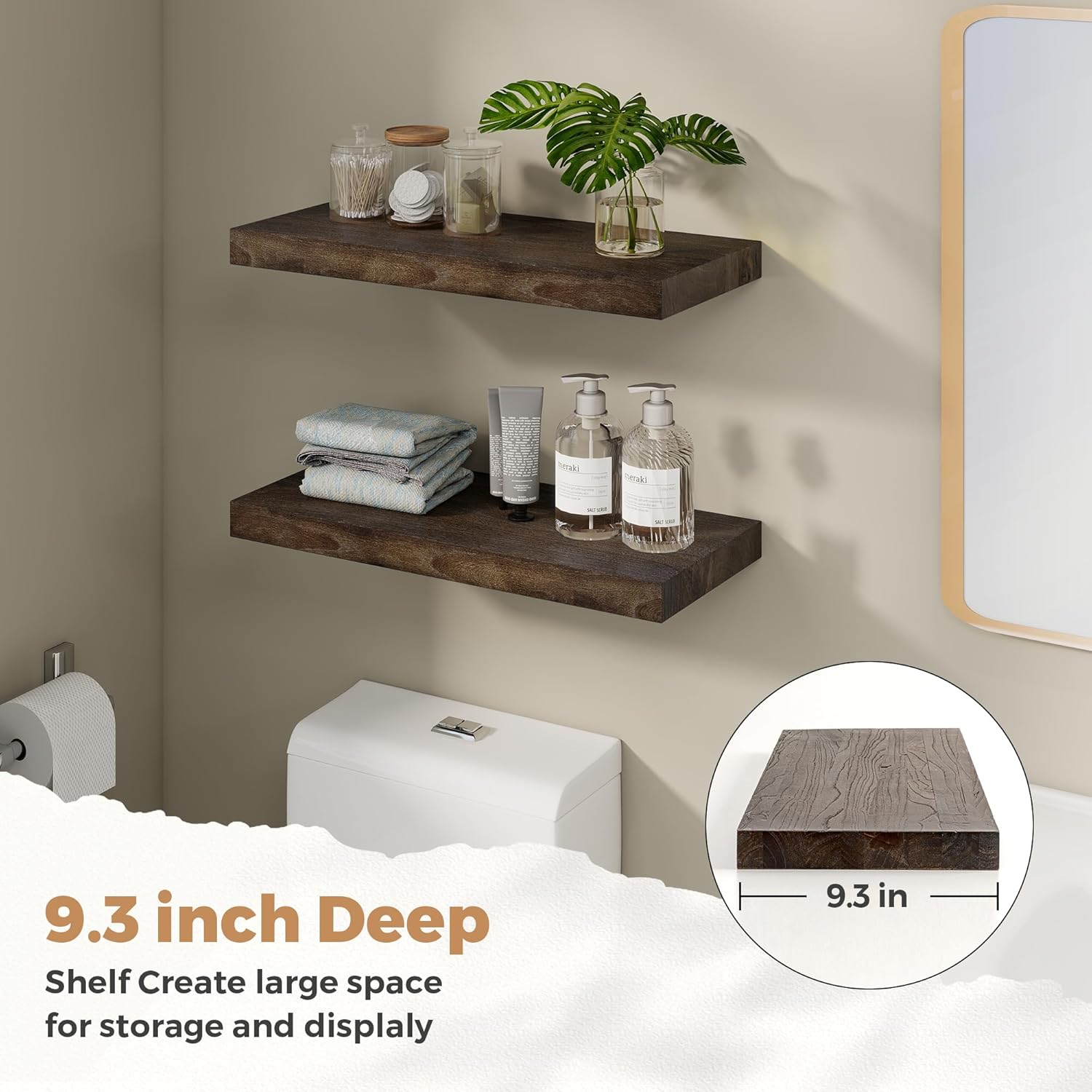 RICHFOCUS Elm Floating Shelves for Wall - 24" W x 9.3" D Rustic Solid Wood Shelves with Invisible