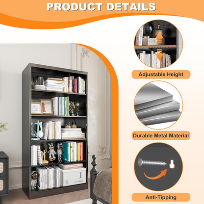 66" Tall Metal Bookcase, 5 Shelf Black Bookcase with Adjustable Shelves, Large Bookshelves and