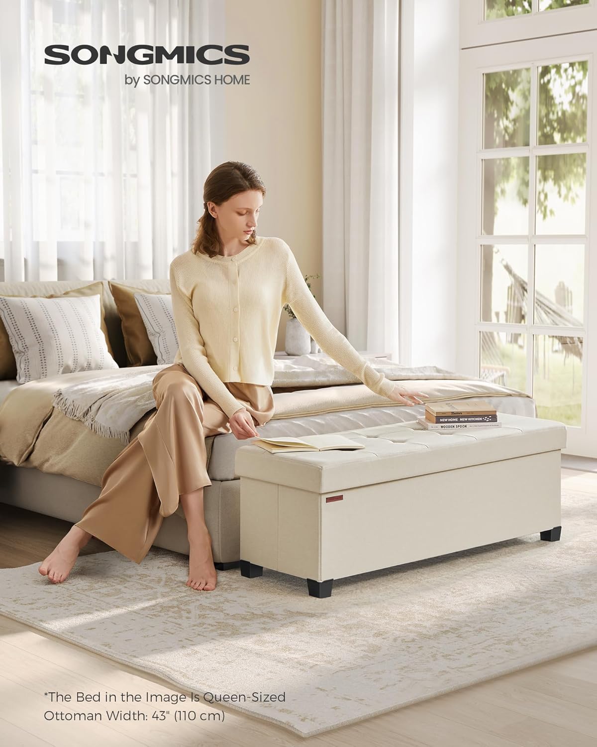 SONGMICS Storage Ottoman Bench, Foldable Foot Rest with Legs, 15 x 43 x 15.7 Inches, End of Bed