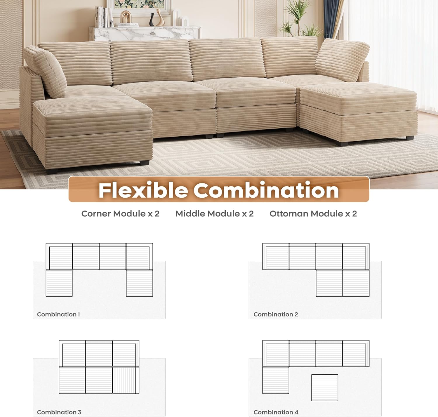 ovios Sectional Sofa Couch with U-Shape Chaise Ottomans, Comfy Modular Cloud Couches with Deep