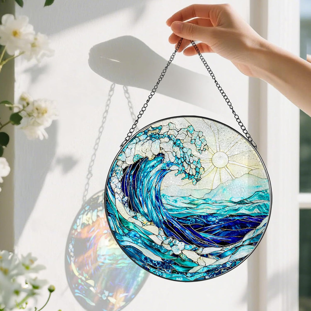 Stained Glass Window Hanging, 8 Inch Ocean Waves Stained Glass Suncatcher, Window Hanging Decor