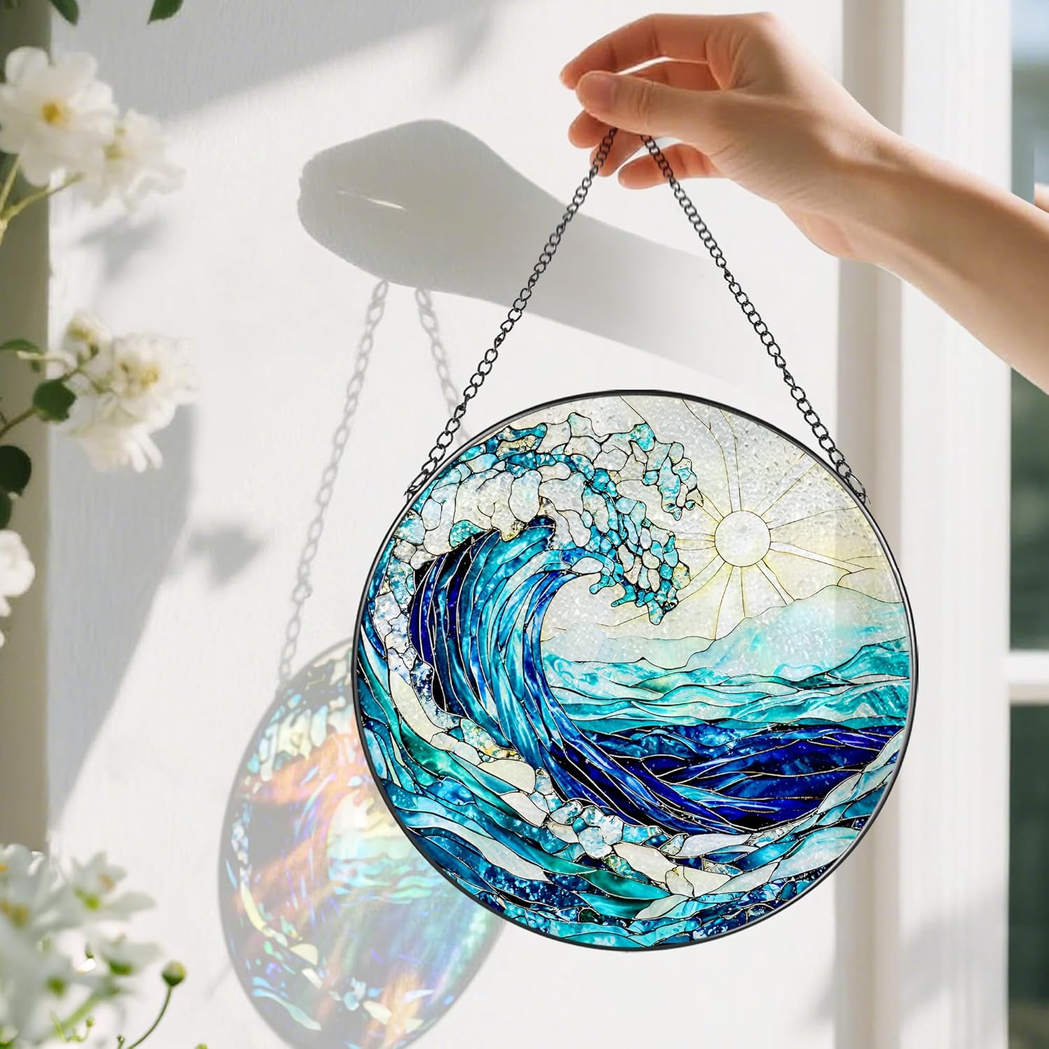 Stained Glass Window Hanging, 8 Inch Ocean Waves Stained Glass Suncatcher, Window Hanging Decor