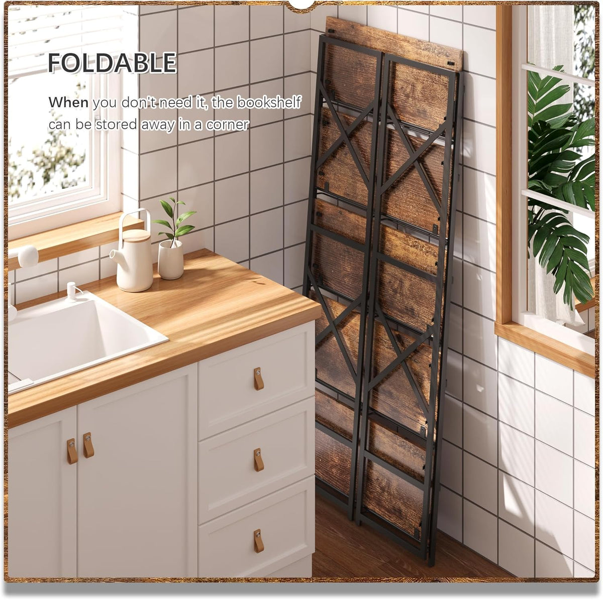 4NM 5 Tiers No Assembly Book Shelves, 51.2" H Folding Bookshelf Bookcase Open Industrial Foldable