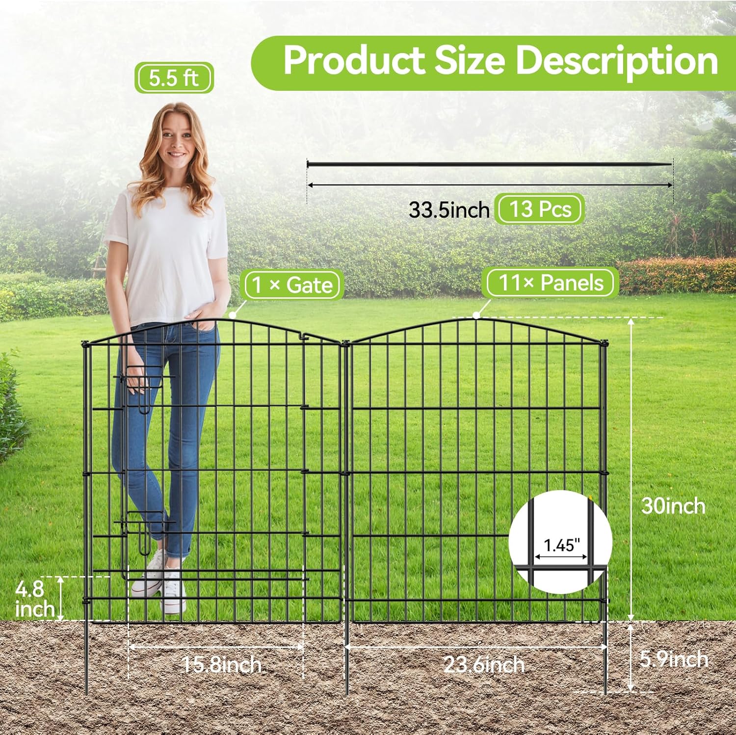 INJOPEXI Garden Fence 12 Panels 23.6ft (L)×30in (H) Decorative Garden Fences with 11 Panels + 1