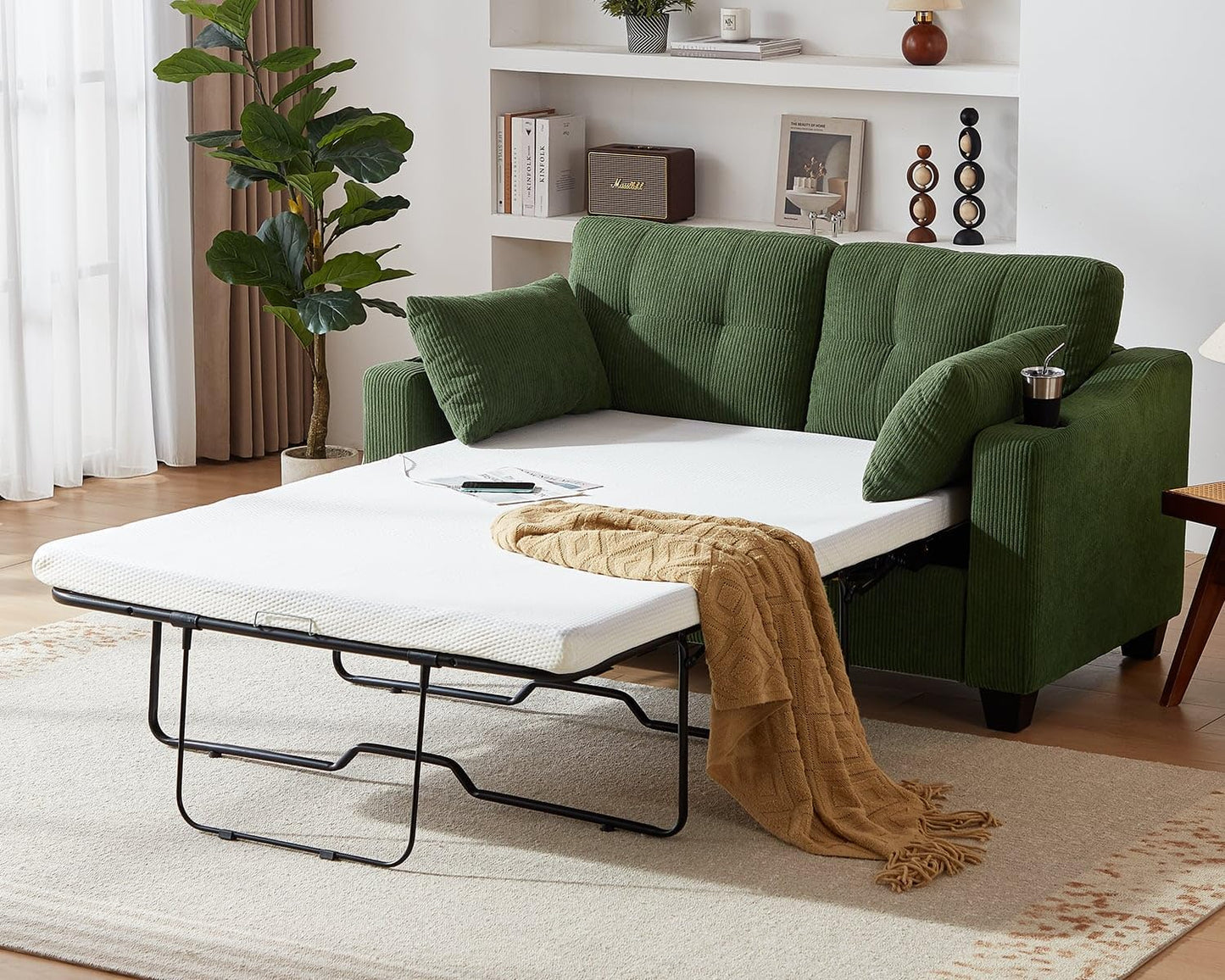 Pull Out Sofa Bed, Full Size Sleeper Sofa, 2-in-1 Convertible Corduroy Couch with USB Charging