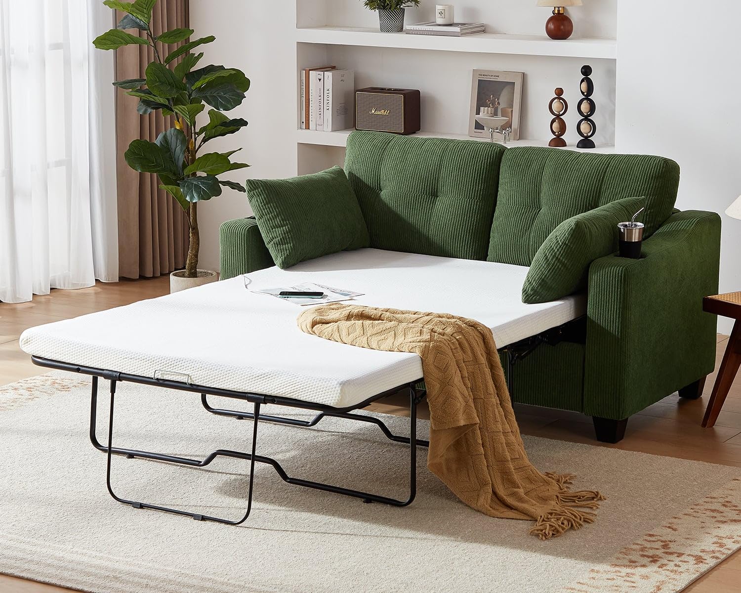 Pull Out Sofa Bed, Full Size Sleeper Sofa, 2-in-1 Convertible Corduroy Couch with USB Charging