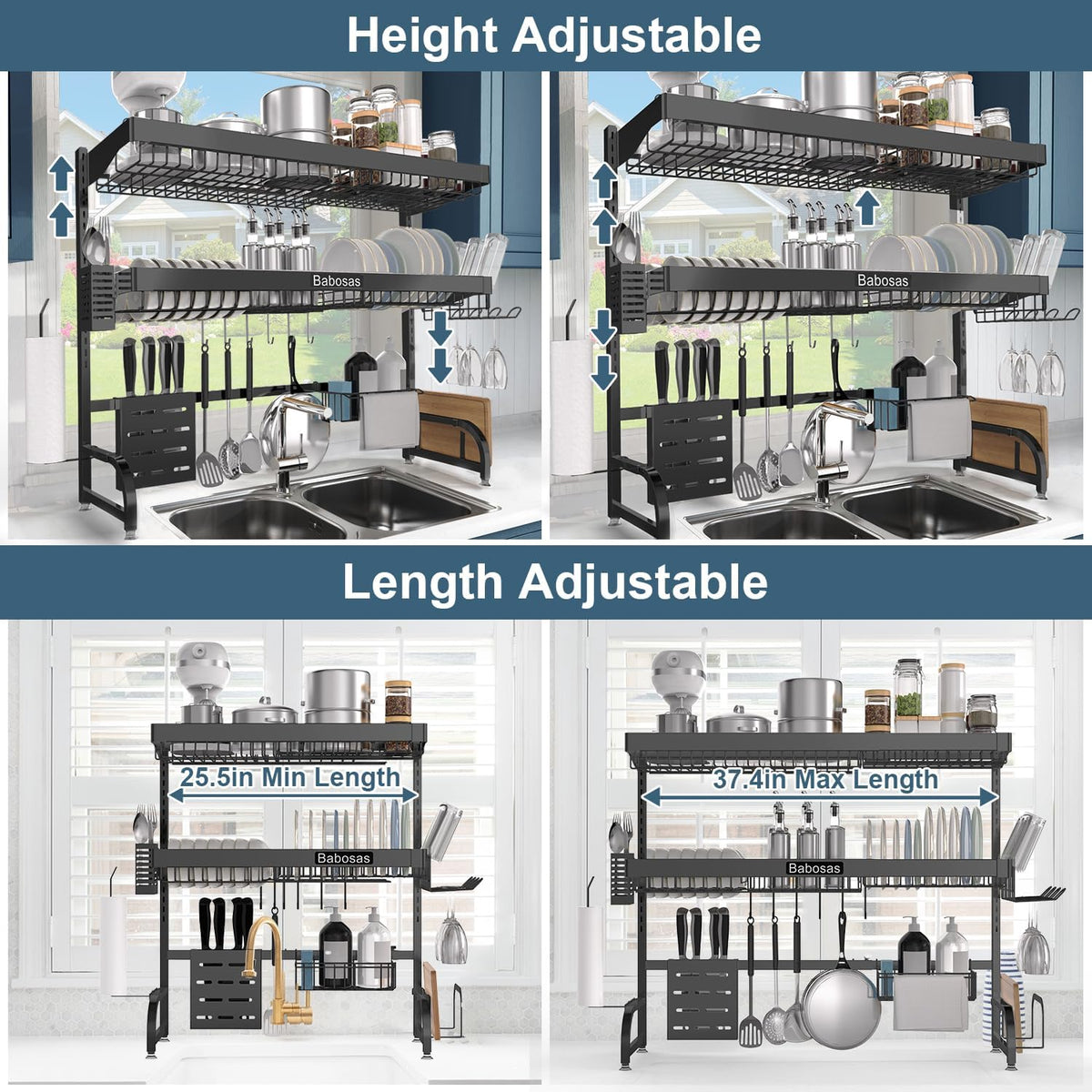 Over The Sink Dish Drying Rack,3 Tier Adjustable Length (25.5'' to 37.4'') Full Stainless Steel