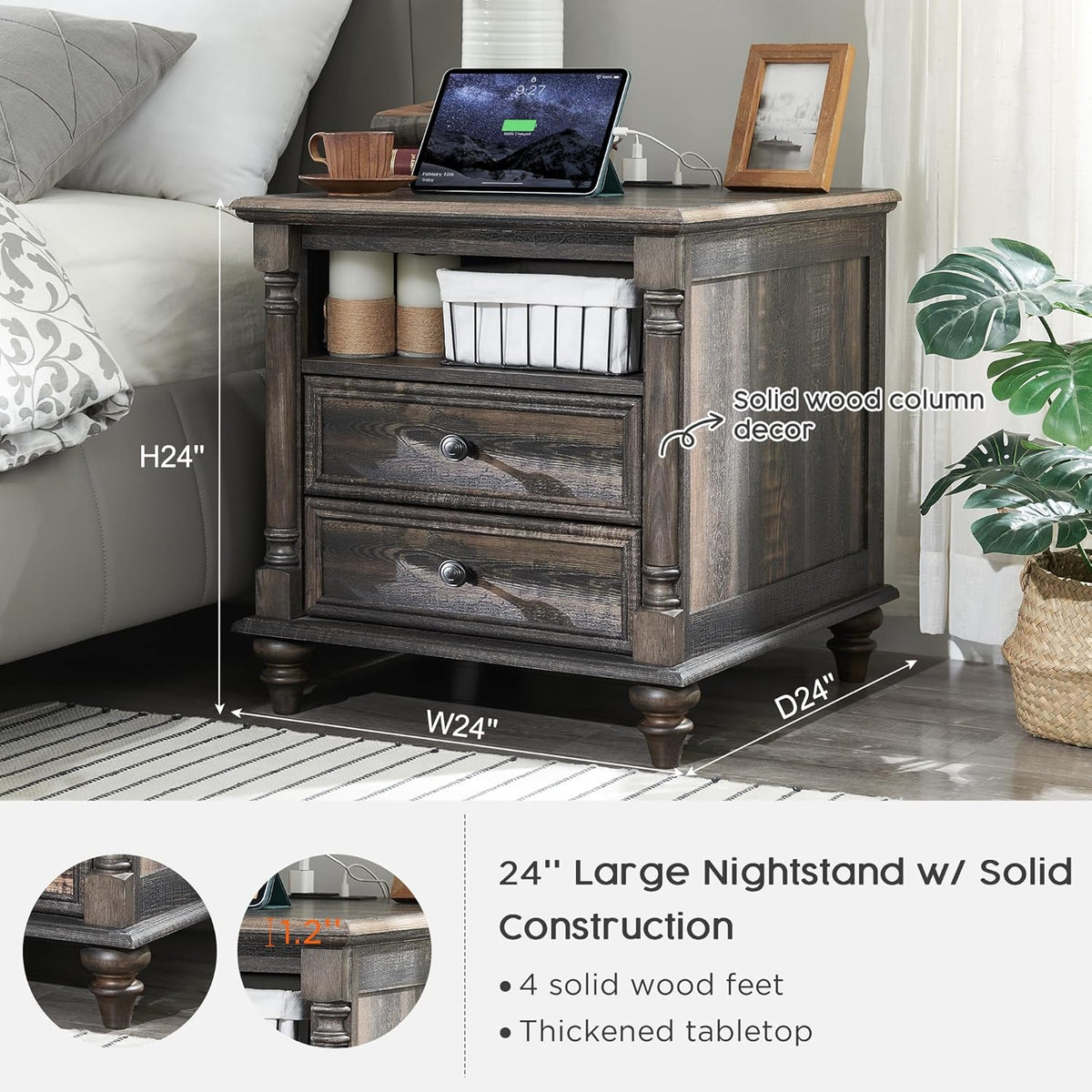 T4TREAM 24'' Farmhouse End Table w/4 Solid Wood Feet, Large 2 Drawers Wide Sofa Side Table with