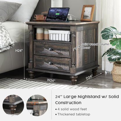 T4TREAM 24'' Farmhouse End Table w/4 Solid Wood Feet, Large 2 Drawers Wide Sofa Side Table with