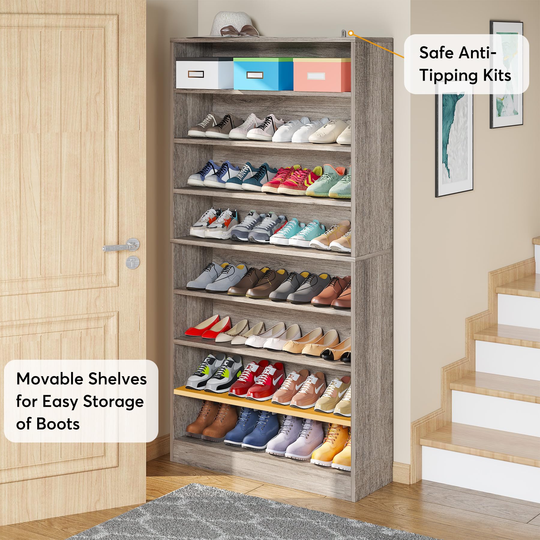 Tribesigns Tall Shoe Cabinet, 9 Tiers 40-45 Pairs Heavy Duty Wood Freestanding Shoe Storage