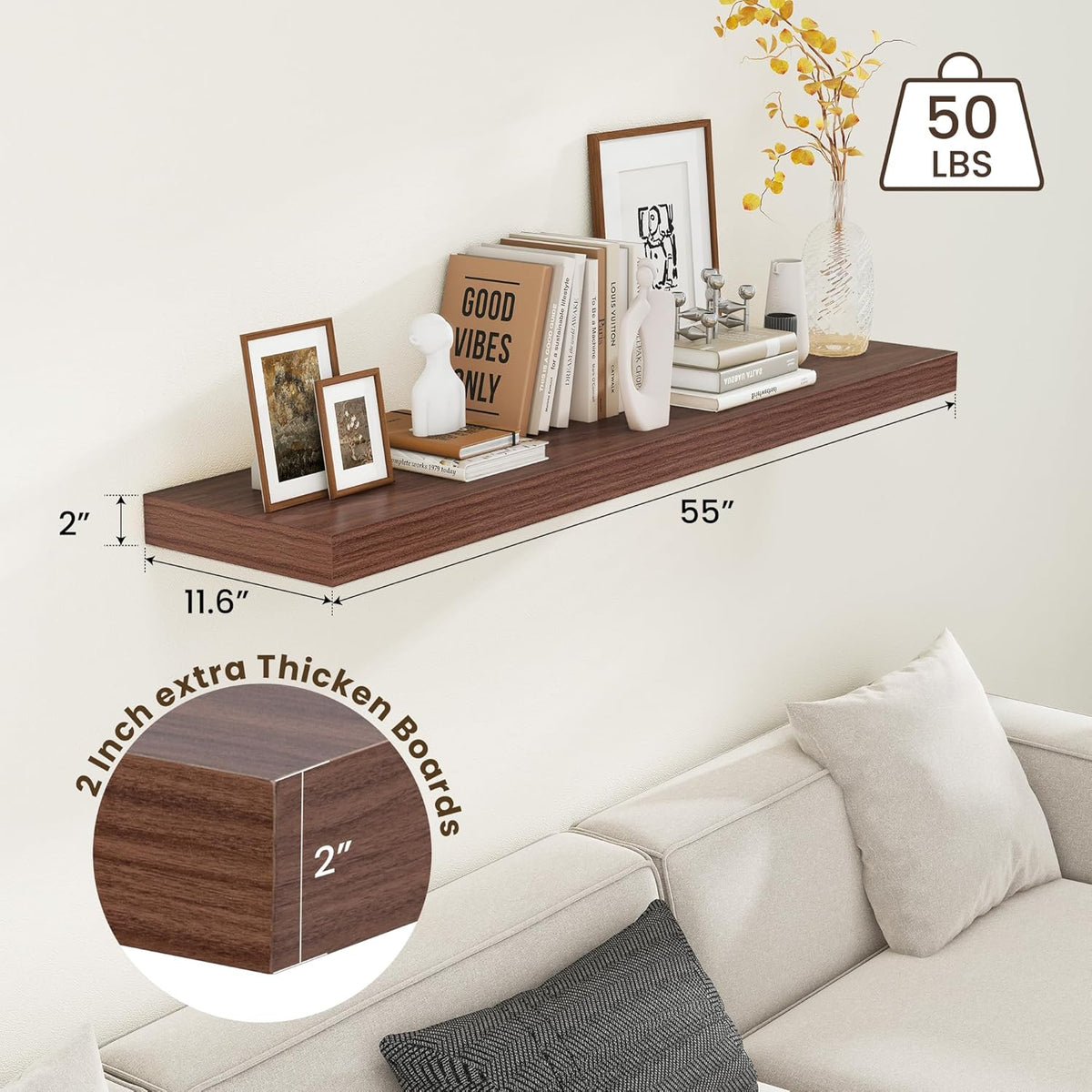 Deep Floating Shelves for Wall - 55 Inch Wide x 12 Inch Deep Wall Shelves Set of 1 - Rustic Walnut