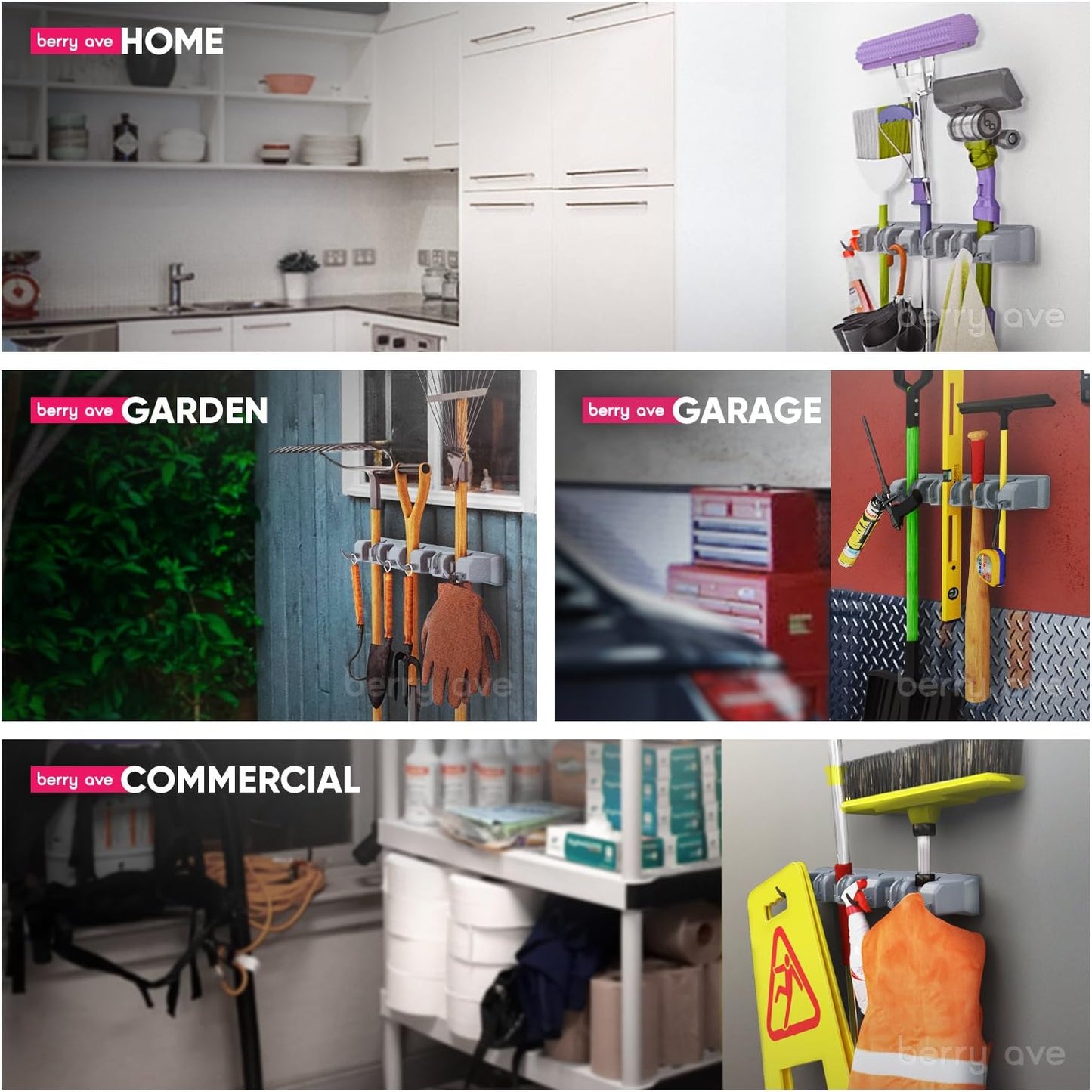 Berry Ave Broom Holder Wall Mount and Garden Tool Organizer, Closet Storage, Kitchen Rack, Home