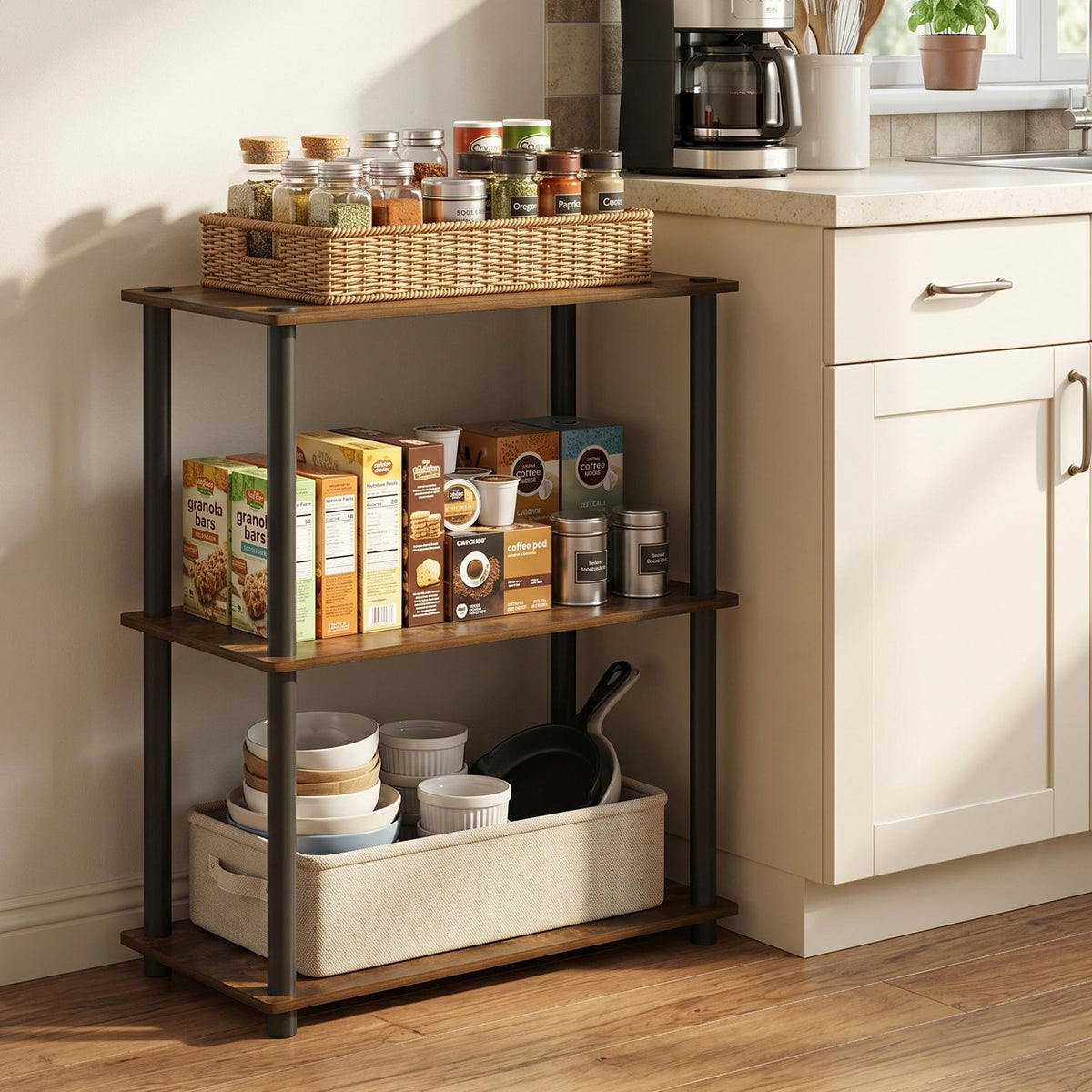 Furinno Turn-N-Tube Storage Shelves, 3-Tier Book Shelf, Corner Shelf, Toolless Open Shelves, for