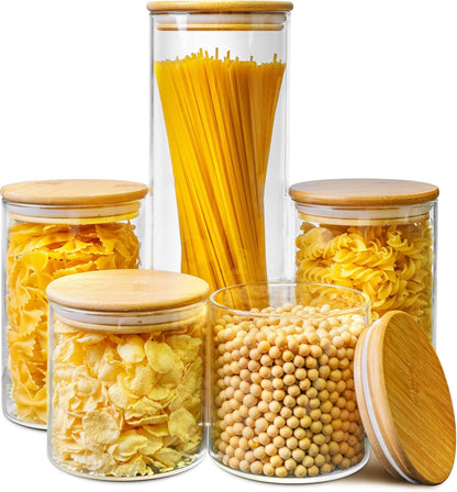 Multi Size - 5 Pack Glass Jars with Bamboo Lids, Glass Pantry Storage Containers with Airtight