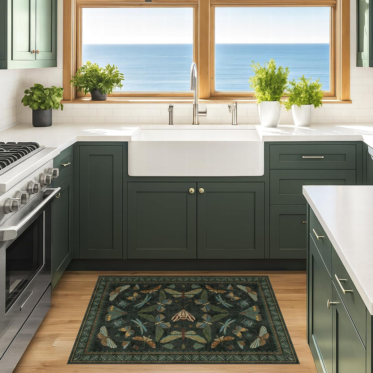 2x3 Entry Way Rugs Indoor - Dark Green Small Throw Rug for Kitchen, Bathroom, Insect Boho Design