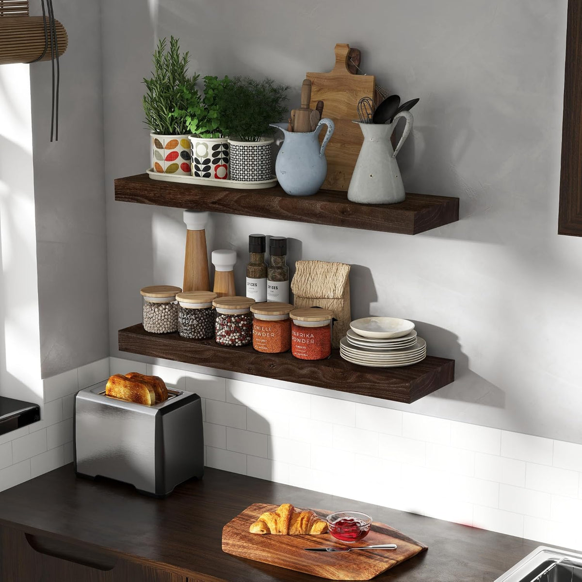 Rustic 30" Floating Shelves, Real Elm Wood Floating Shelf for Wall, Heavy-Duty Wall Shelves for