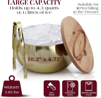 Gusto Nostro 4.1L Insulated Ice Bucket with Lid and Tongs, Double Wall Stainless Steel Ice Bucket