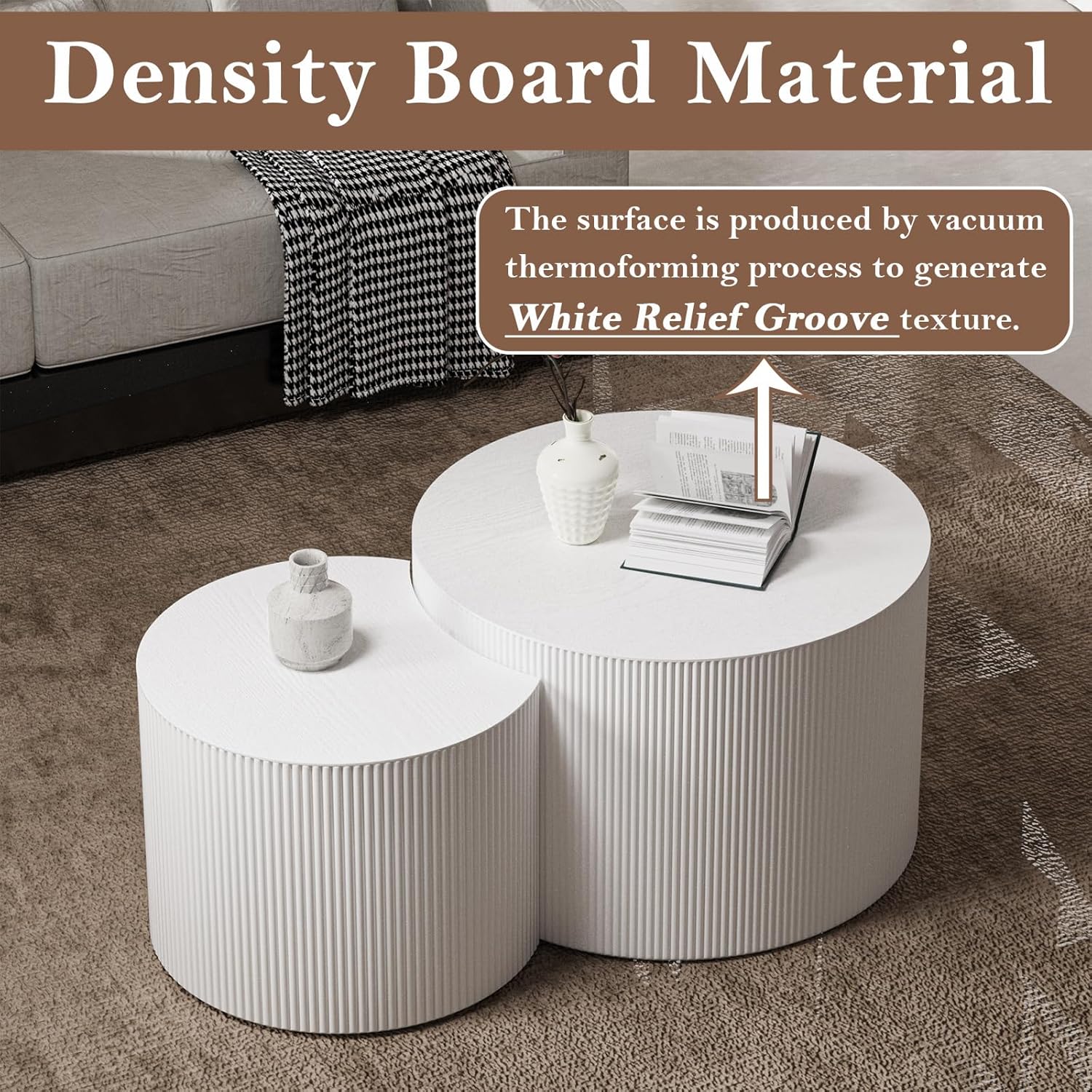 Round Nesting Coffee Table White Round Fluted Coffee Table Set of 2 for Living Room Small Circle