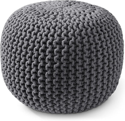 Casafield Round Pouf Ottoman, Dark Gray - 20" Diameter x 14.5" High Cotton Knit Foot Stool - Boho