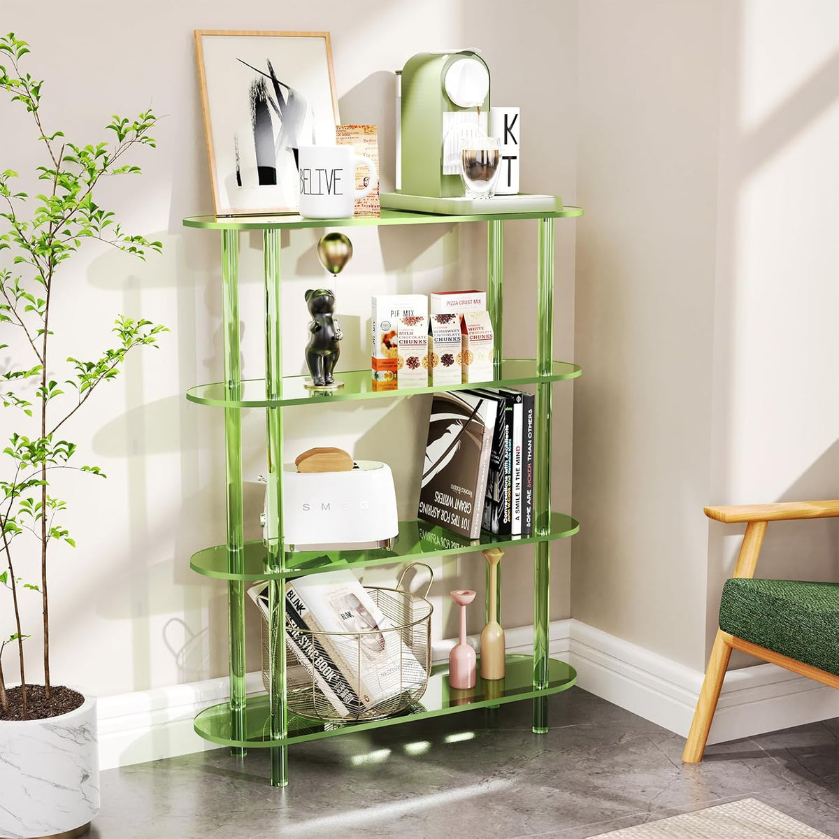 Clear Bookshelf, Acrylic Bookcase with Open Book Shelf Console Table for Entryway Office (4 Tier
