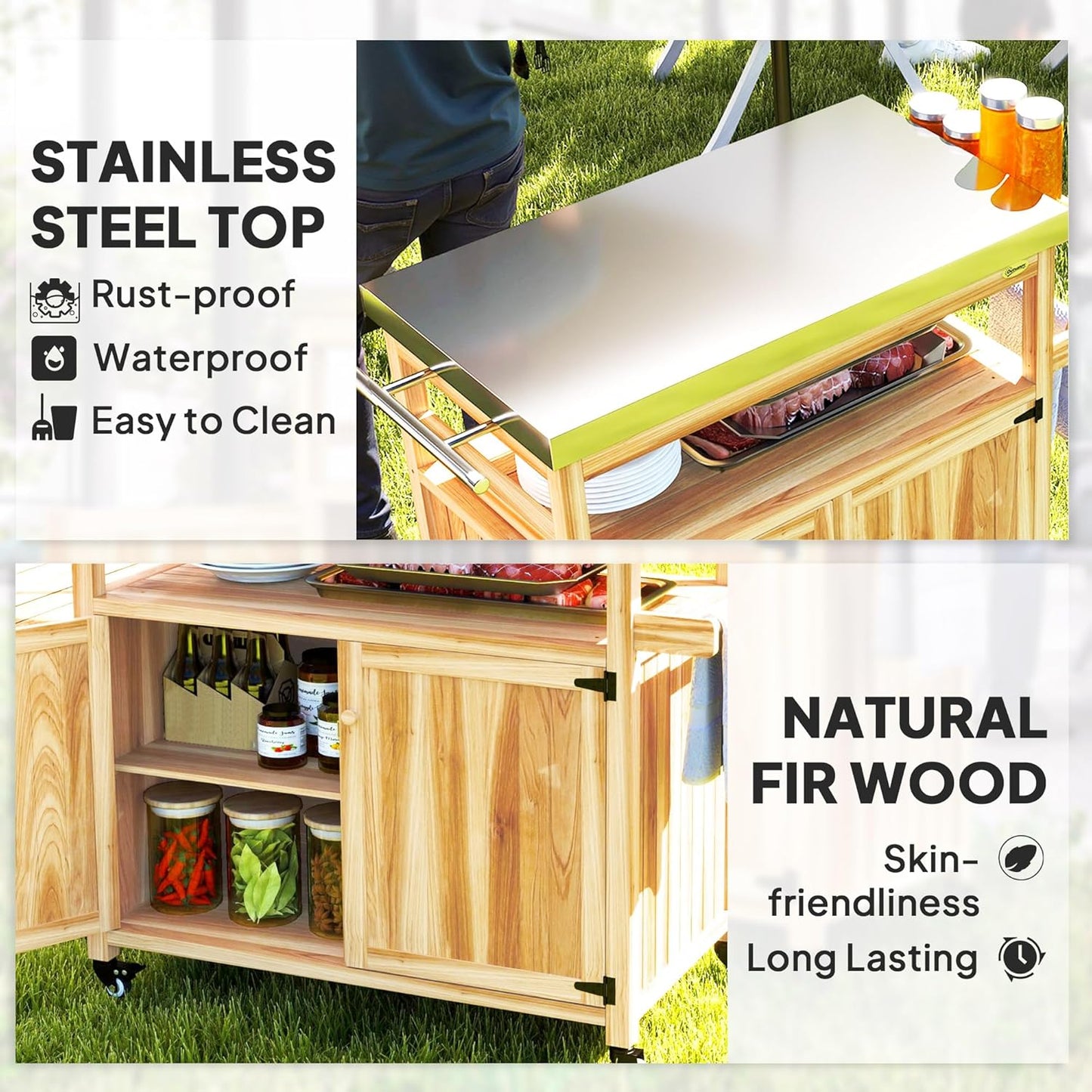 Outsunny Outdoor Grill Cart with Wheels and Storage, Solid Wood Outdoor Kitchen Island with