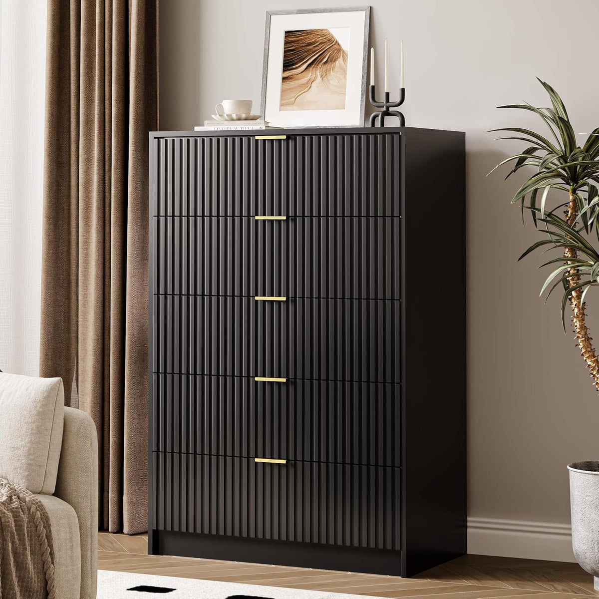 5 Drawer Dresser for Bedroom, Tall Dresser Chest of Drawers with Gold Handles, 32 Inch Wide