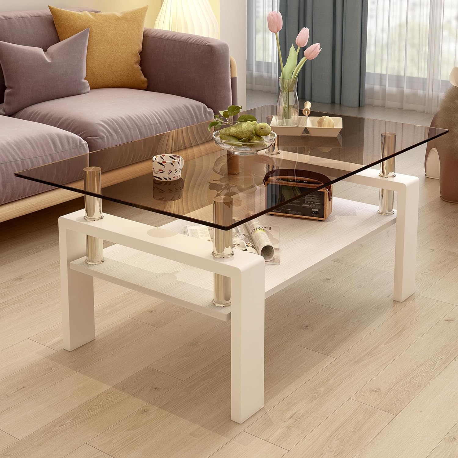 Glass Coffee Table Rectangle Living Room Center Table, with Brown Tempered Glass Tabletop and White