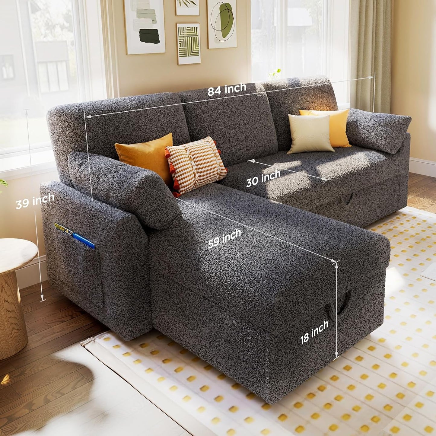 VanAcc Sofa Bed, Sleeper Sofa with Storage Chaise- 2 in 1 Pull Out Couch Living Room, Comfy Sleeper