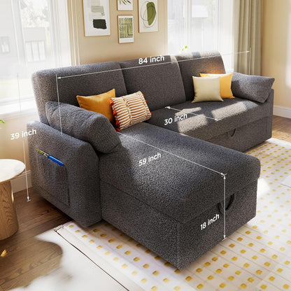 VanAcc Sofa Bed, Sleeper Sofa with Storage Chaise- 2 in 1 Pull Out Couch Living Room, Comfy Sleeper