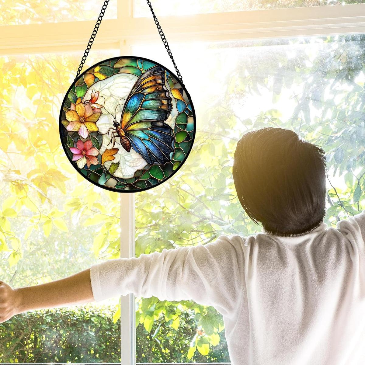 Stained Glass Window Hanging, Butterfly Flower Sun Catchers Diamond Glass Panel Hangings Insect