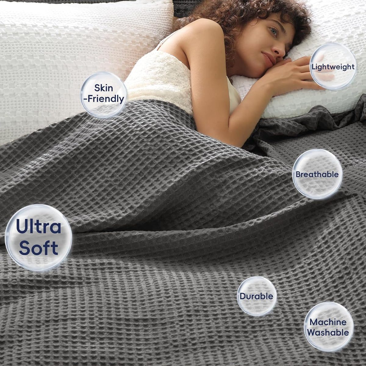 PHF Ultra Soft Waffle Weave Blanket King Size 104"x 90"- Washed Lightweight Breathable Cozy Woven