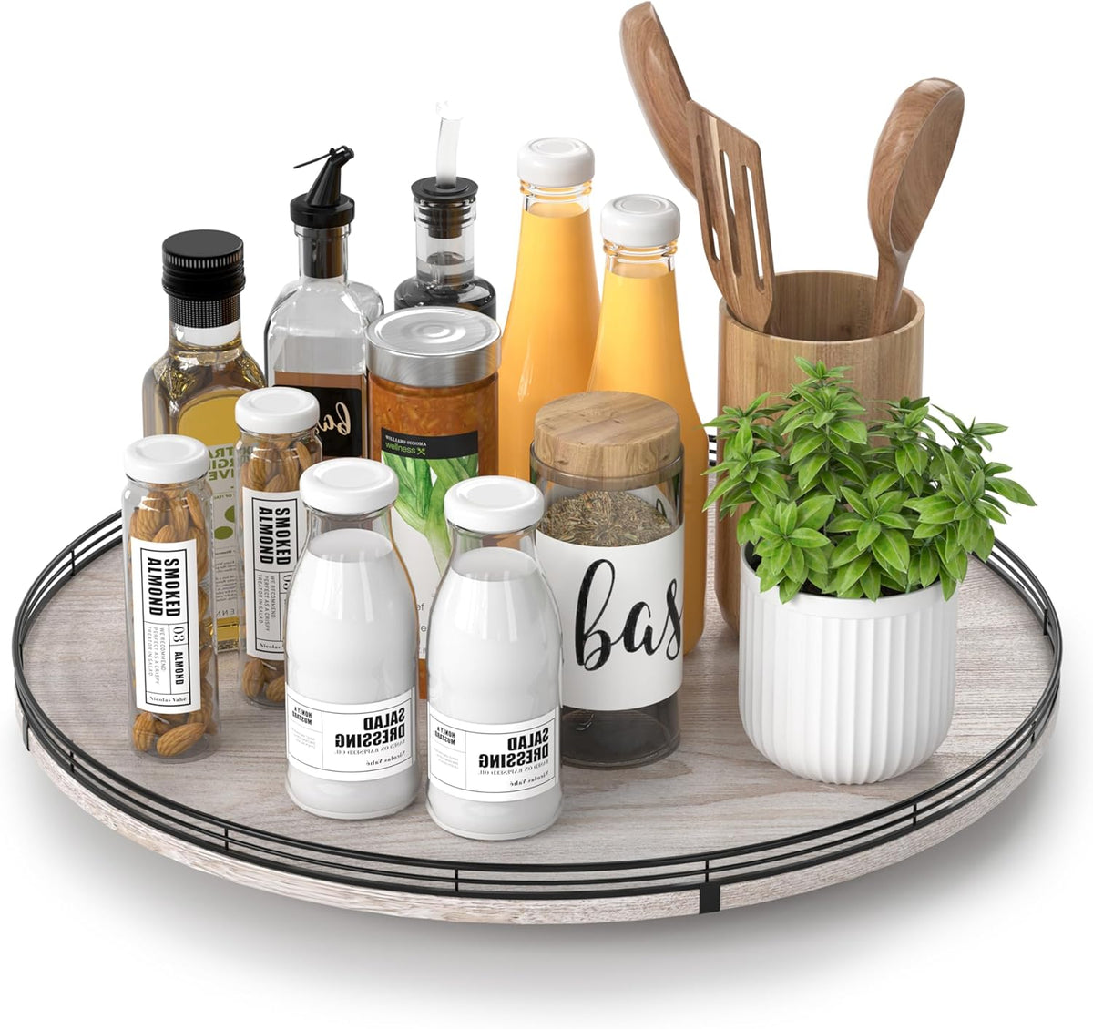 18" Lazy Susan Wood Turntable Organizer for Kitchen Decor, Farmhouse Round Wooden Lazy Susan