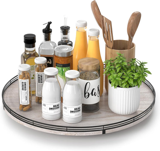 18" Lazy Susan Wood Turntable Organizer for Kitchen Decor, Farmhouse Round Wooden Lazy Susan
