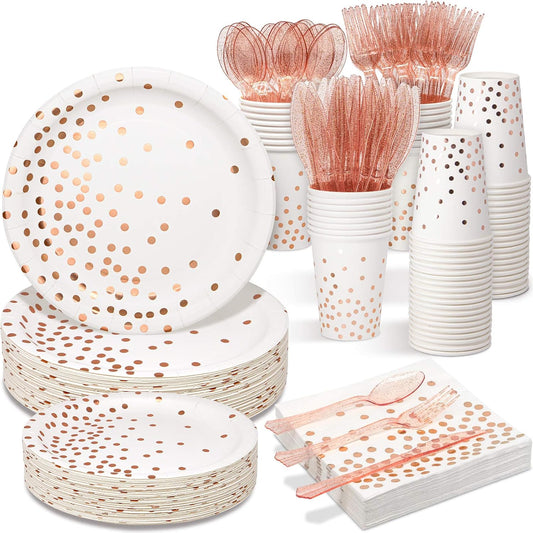 White & Rose Gold Party Supplies - 350 PCS Disposable Dinnerware Set with Paper Plates Napkins
