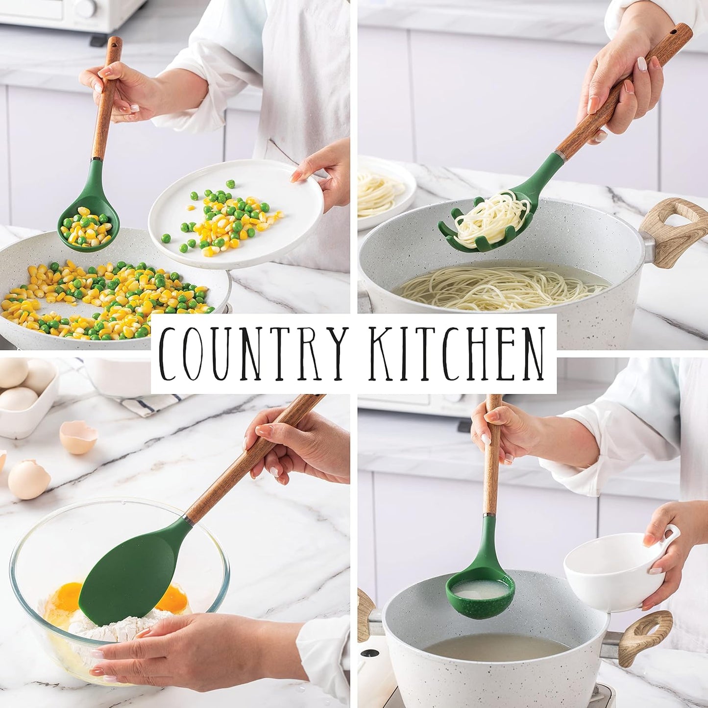Country Kitchen Non Stick Silicone Utensil Set with Rounded Wood Handles for Cooking and Baking, 8