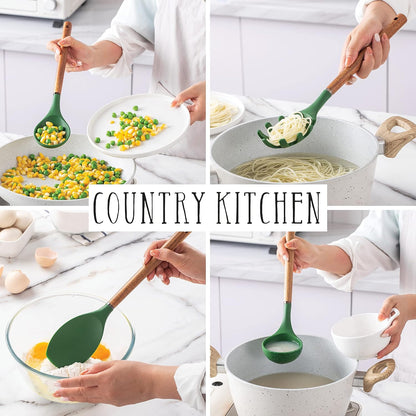 Country Kitchen Non Stick Silicone Utensil Set with Rounded Wood Handles for Cooking and Baking, 8