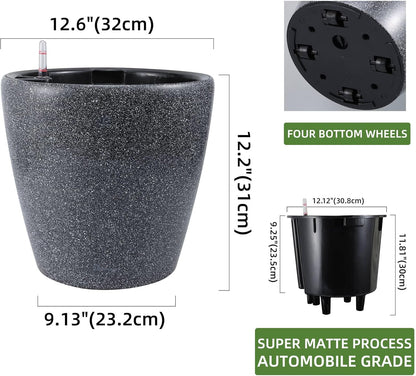 Dexceder 13x12 Self Watering Planter with Wheels Indoor Outdoor, Inner Pot Design, Thickened Large